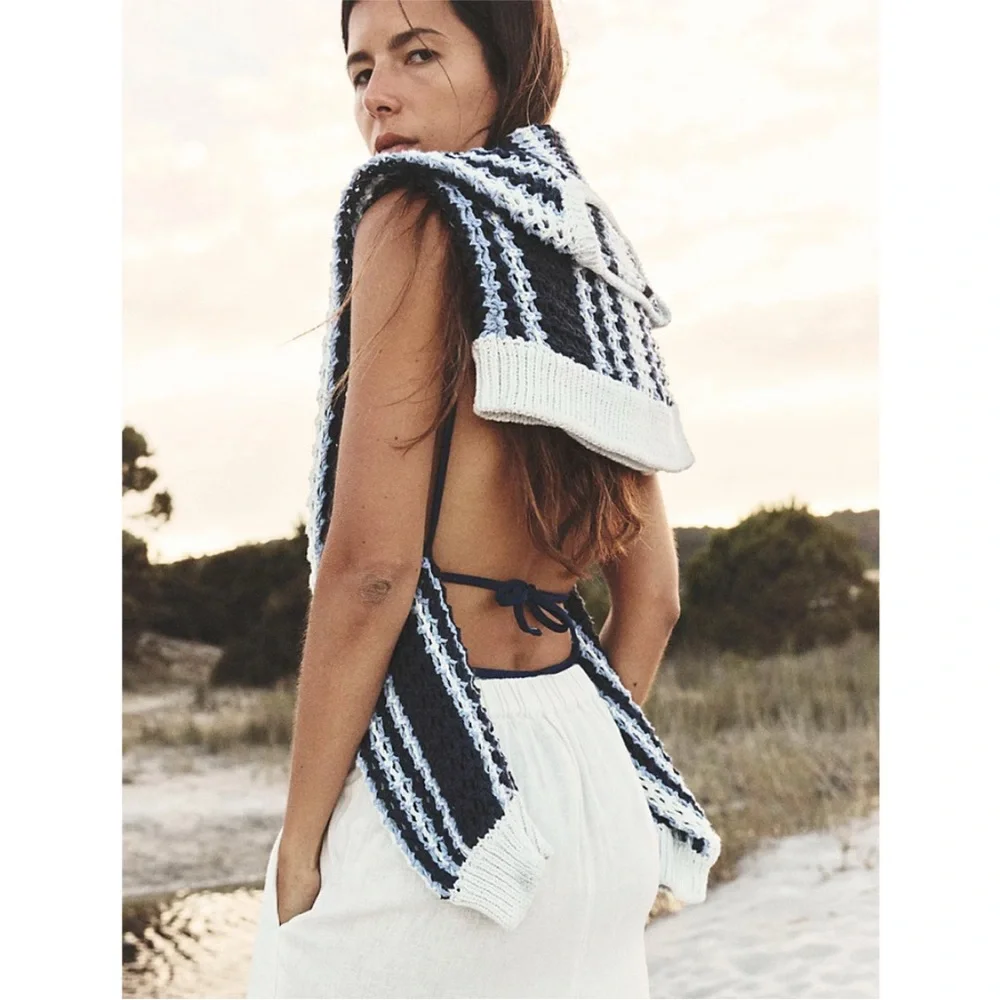 Free People Beach Dayton Pullover Sweater Blue White Large - Picture 6 of 15